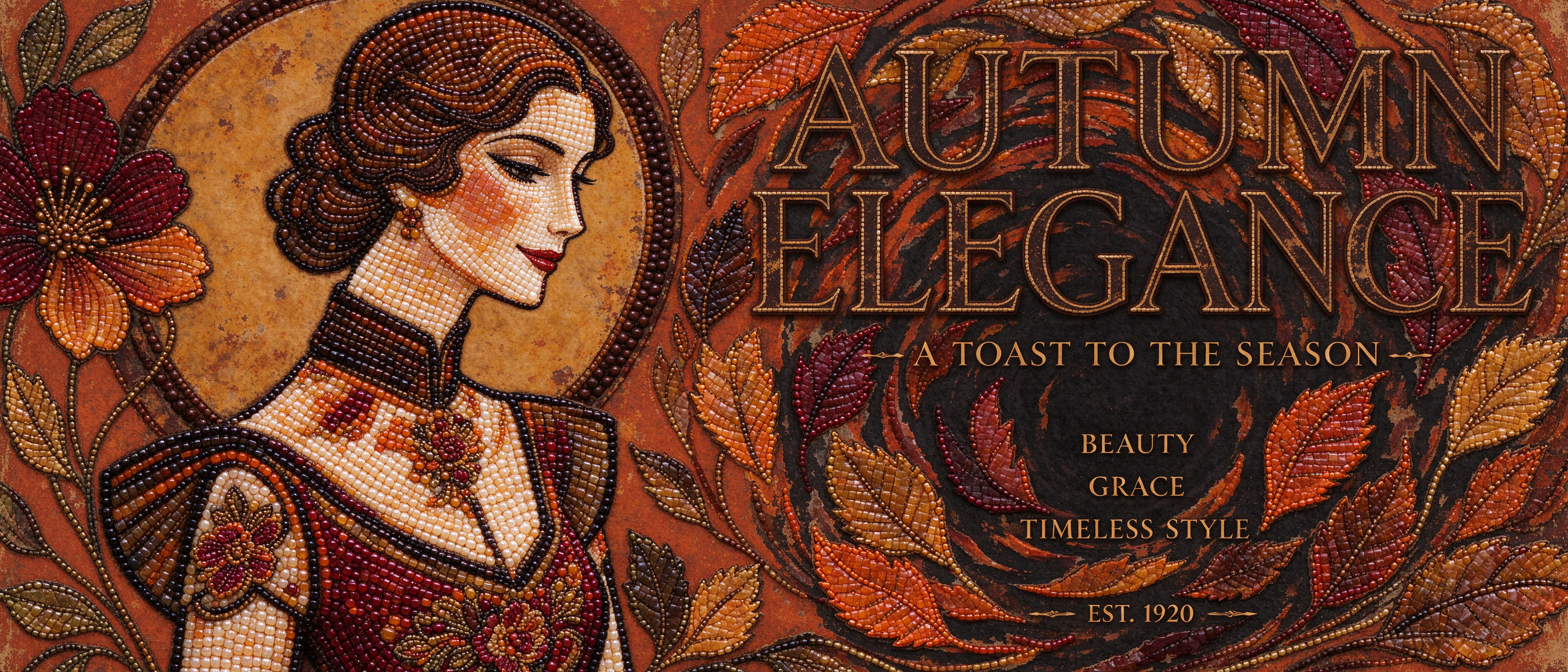 Intricate beaded art deco illustration of a 1920s flapper next to autumn elegance seasonal typography