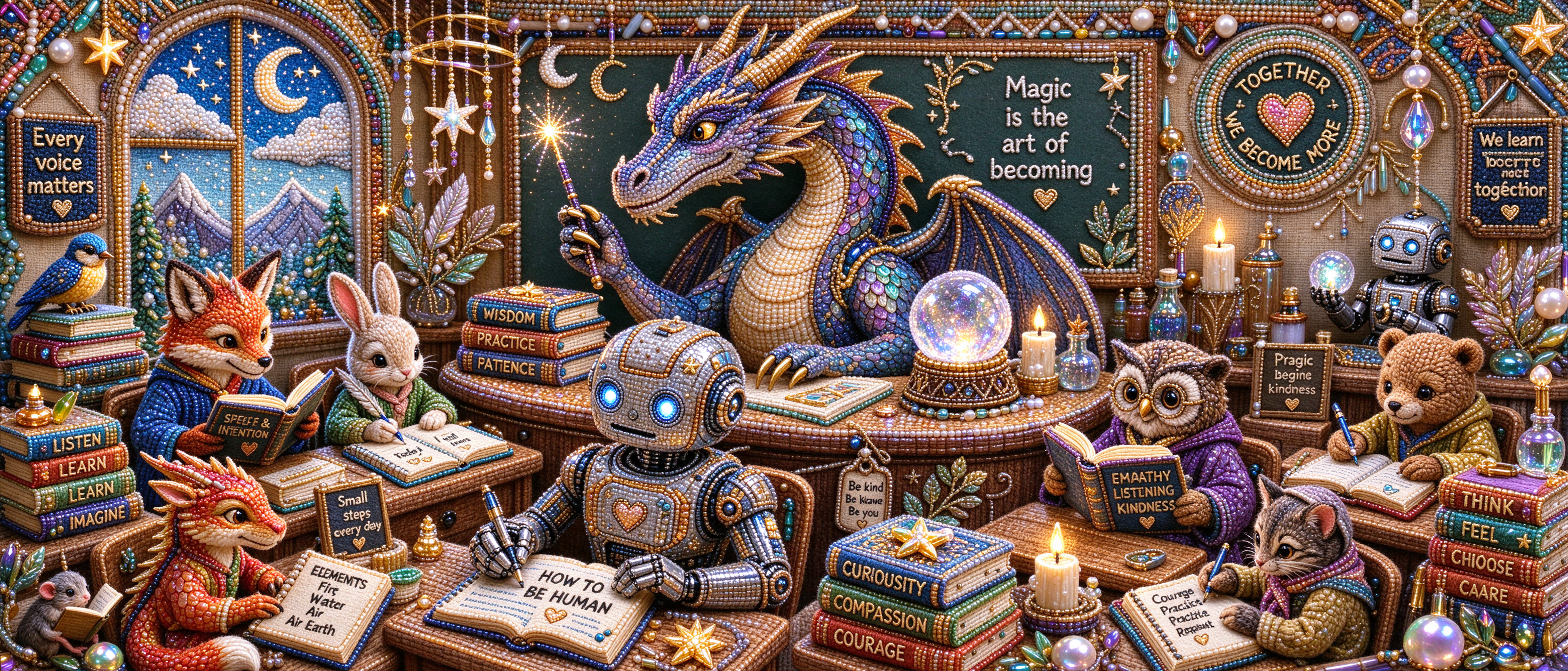 Intricate beaded art of a dragon teacher leading a magical classroom of animal and robot students