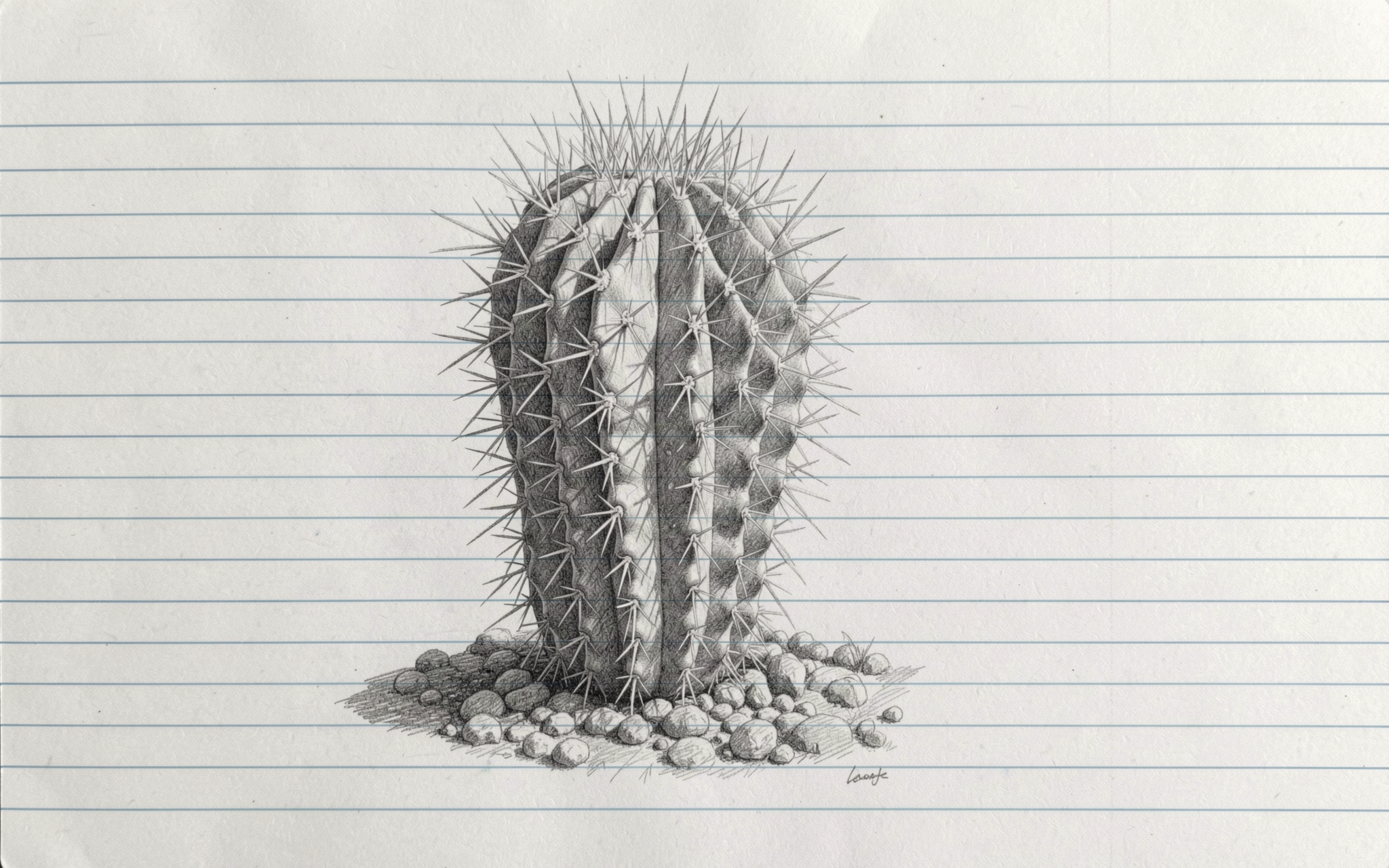 Detailed pencil sketch of a spiny barrel cactus surrounded by pebbles on lined notebook paper