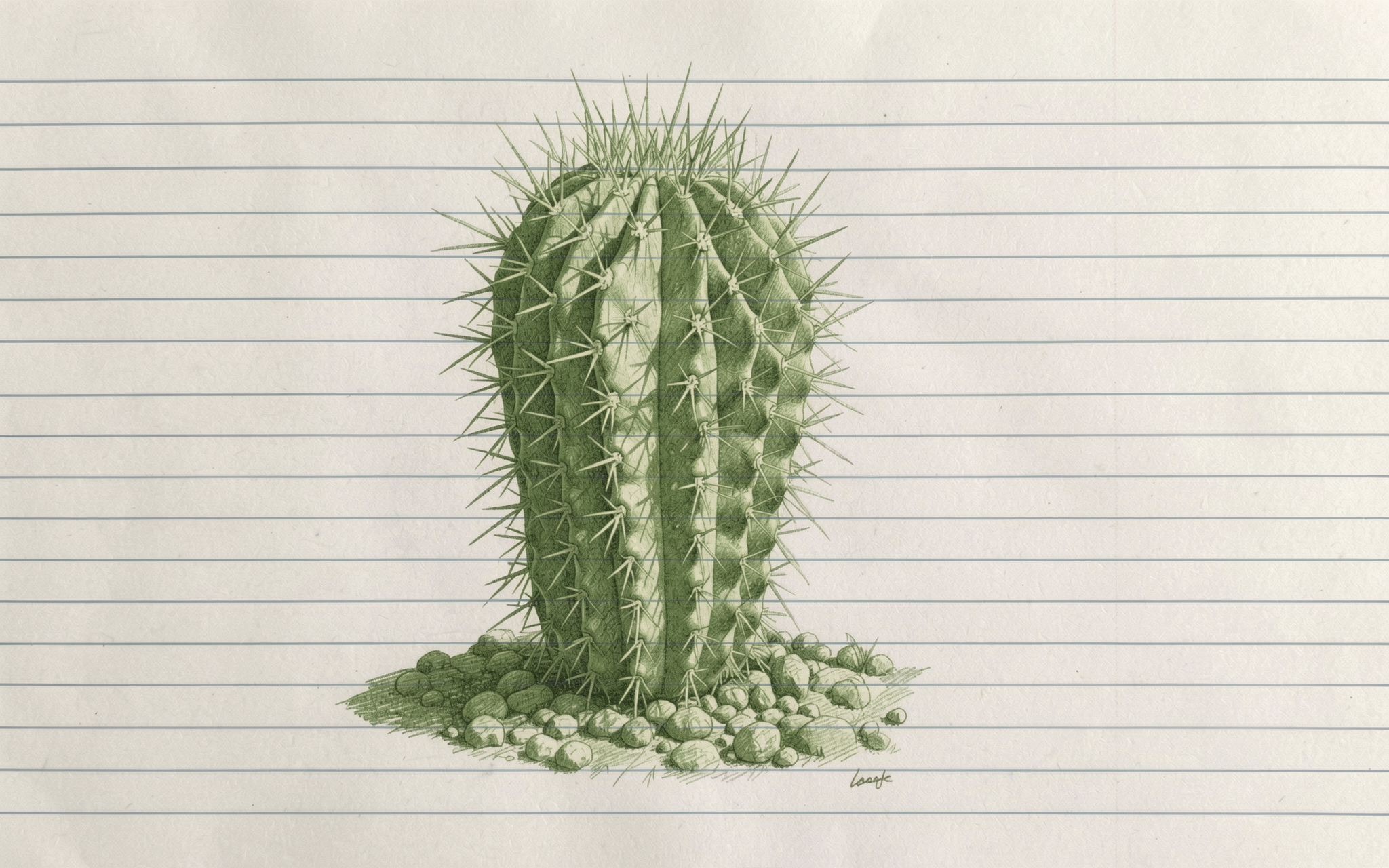 Hand drawn spiky barrel cactus sitting atop pebbles on lined notebook paper