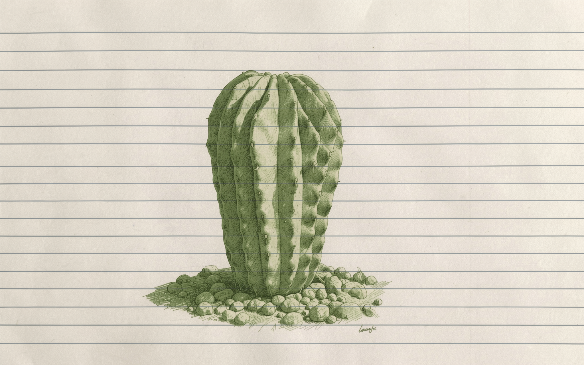 Hand drawn ribbed barrel cactus surrounded by pebbles on lined notebook paper