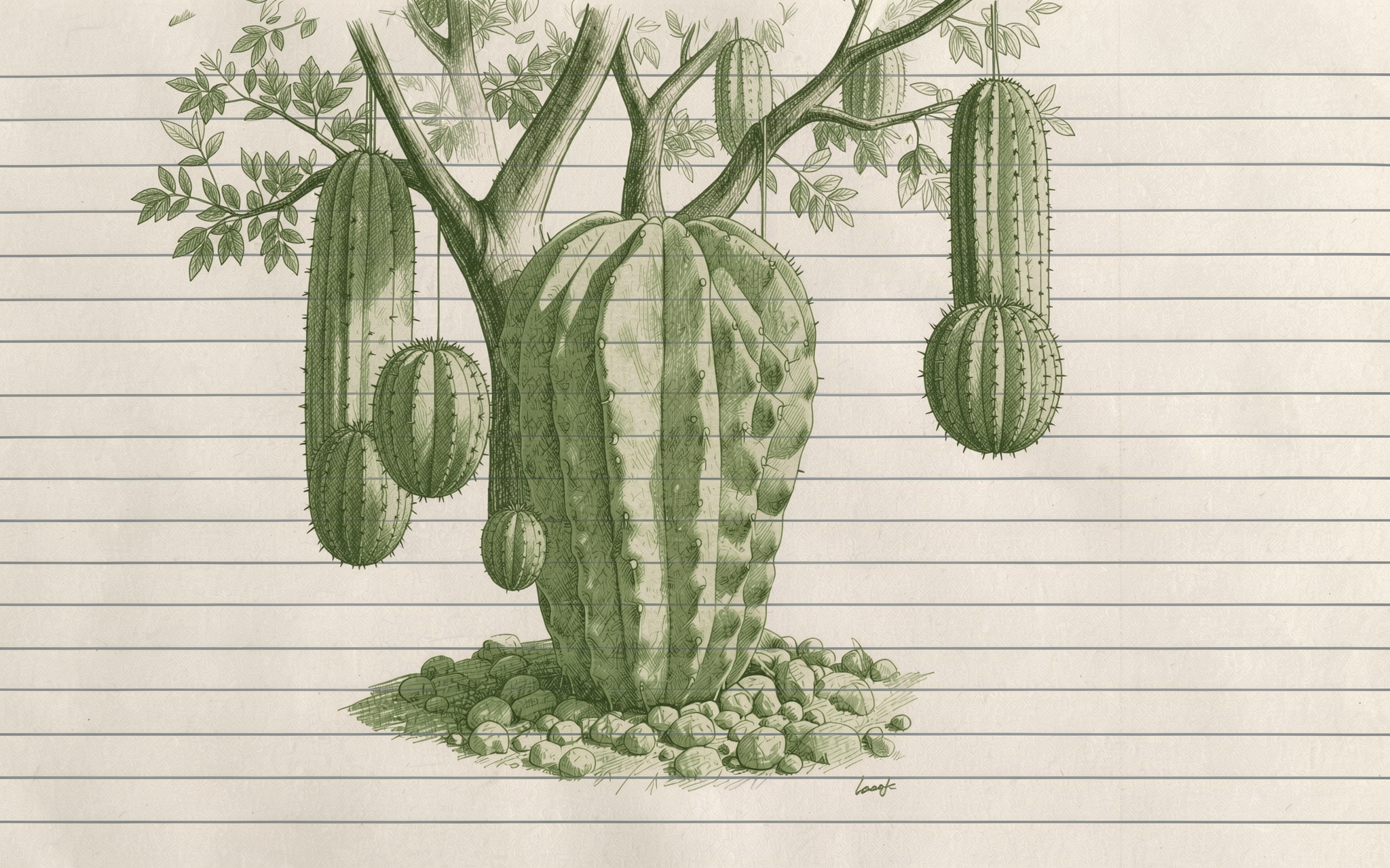 Surreal hand drawn hybrid cactus-tree sketch rendered on lined notebook paper with hanging cactus pods