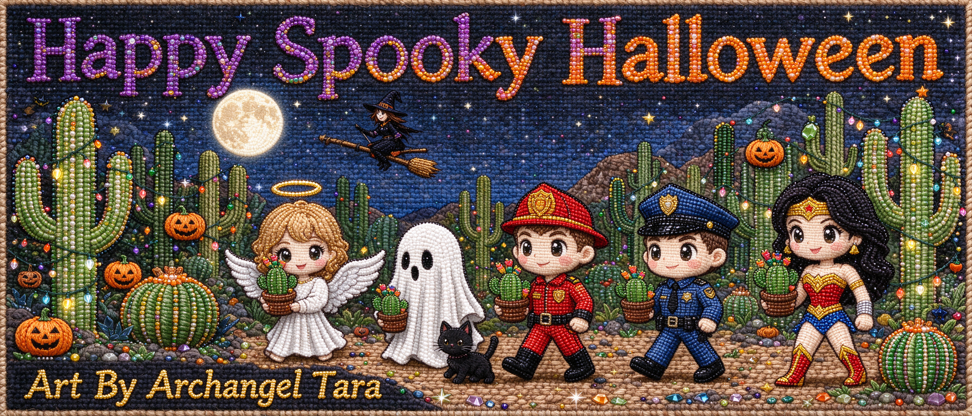 Diamond painting style Happy Spooky Halloween graphic of costumed trick-or-treaters in a saguaro desert night scene