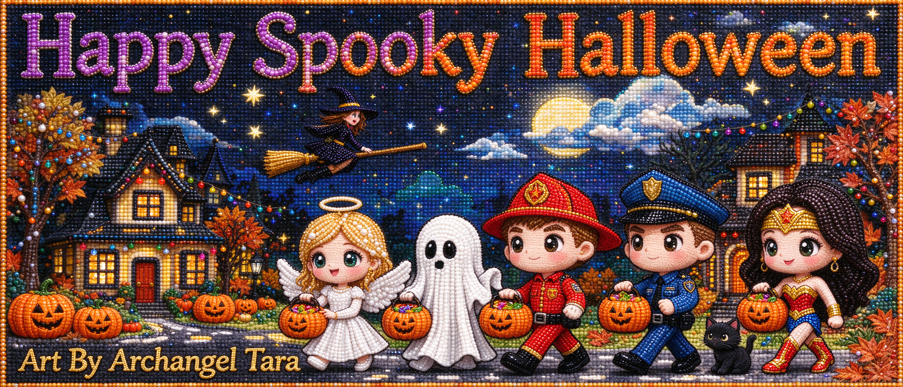 Beaded diamond art of costumed trick-or-treaters under Happy Spooky Halloween text on a festive autumn night