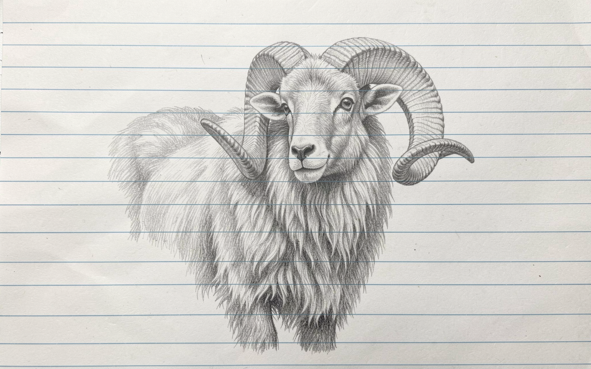 Detailed pencil sketch of a fluffy long-horned ram drawn on lined notebook paper