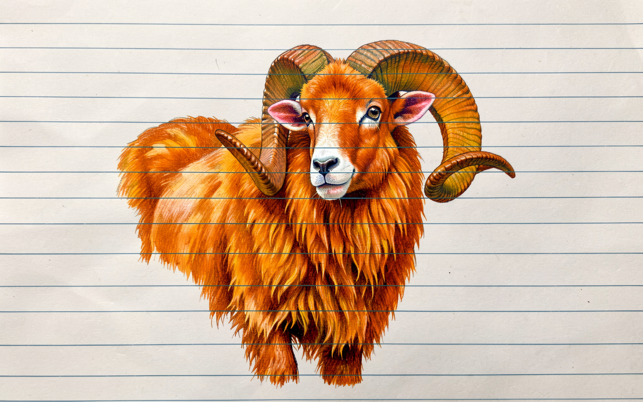 Fluffy orange ram with large curled horns illustrated on lined notebook paper