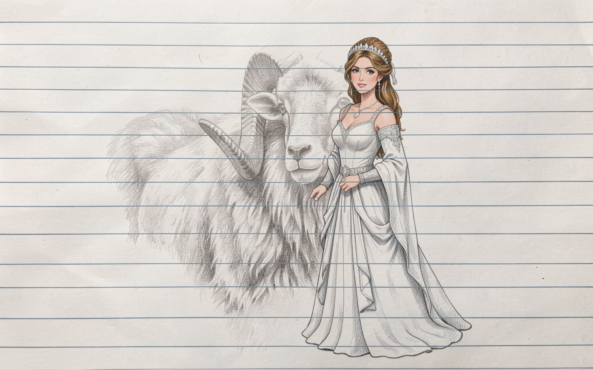 Regal fantasy princess standing before a large sketched horned ram on lined notebook paper