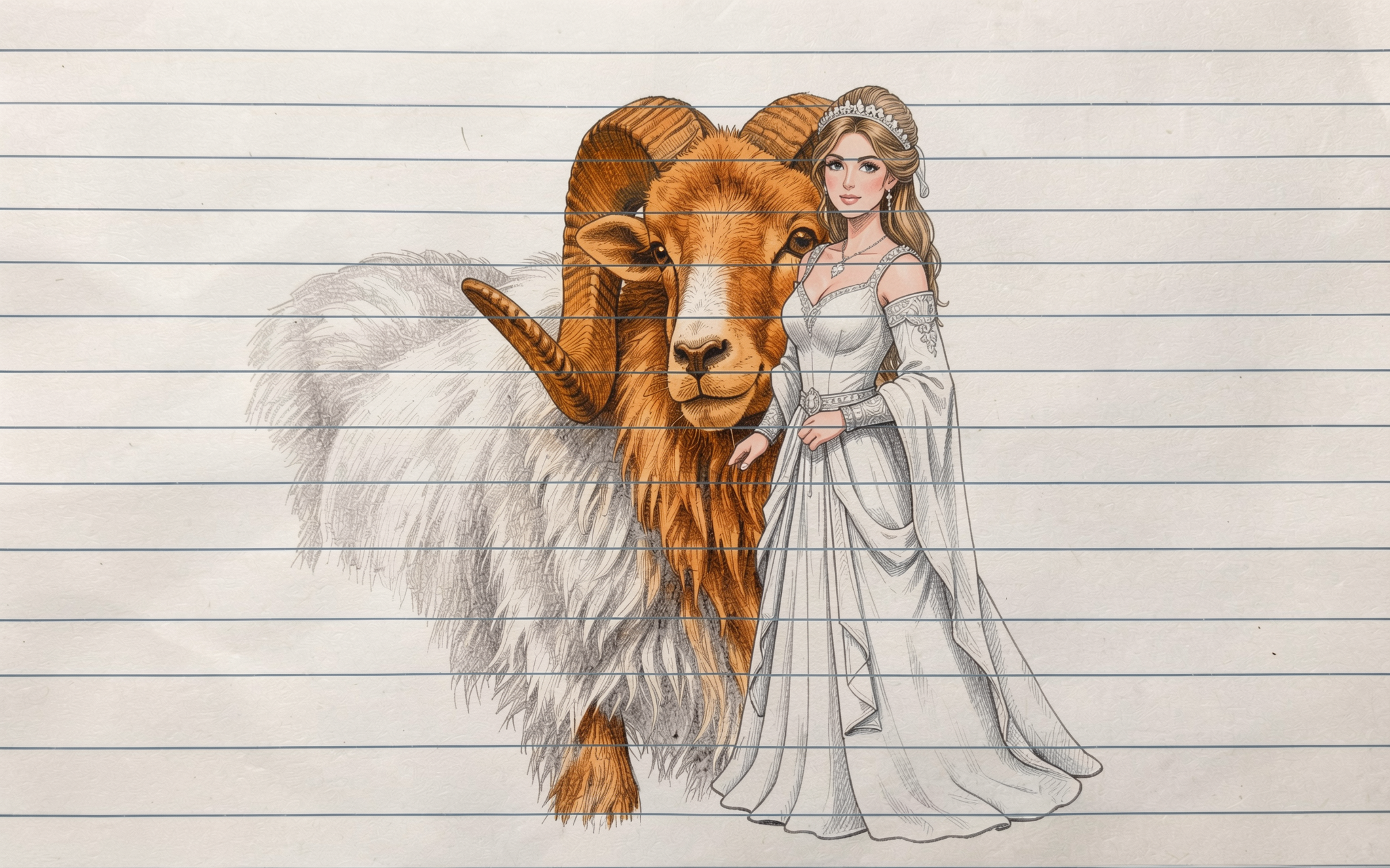 Fairytale princess in an elegant white gown standing beside a large horned ram on lined notebook paper