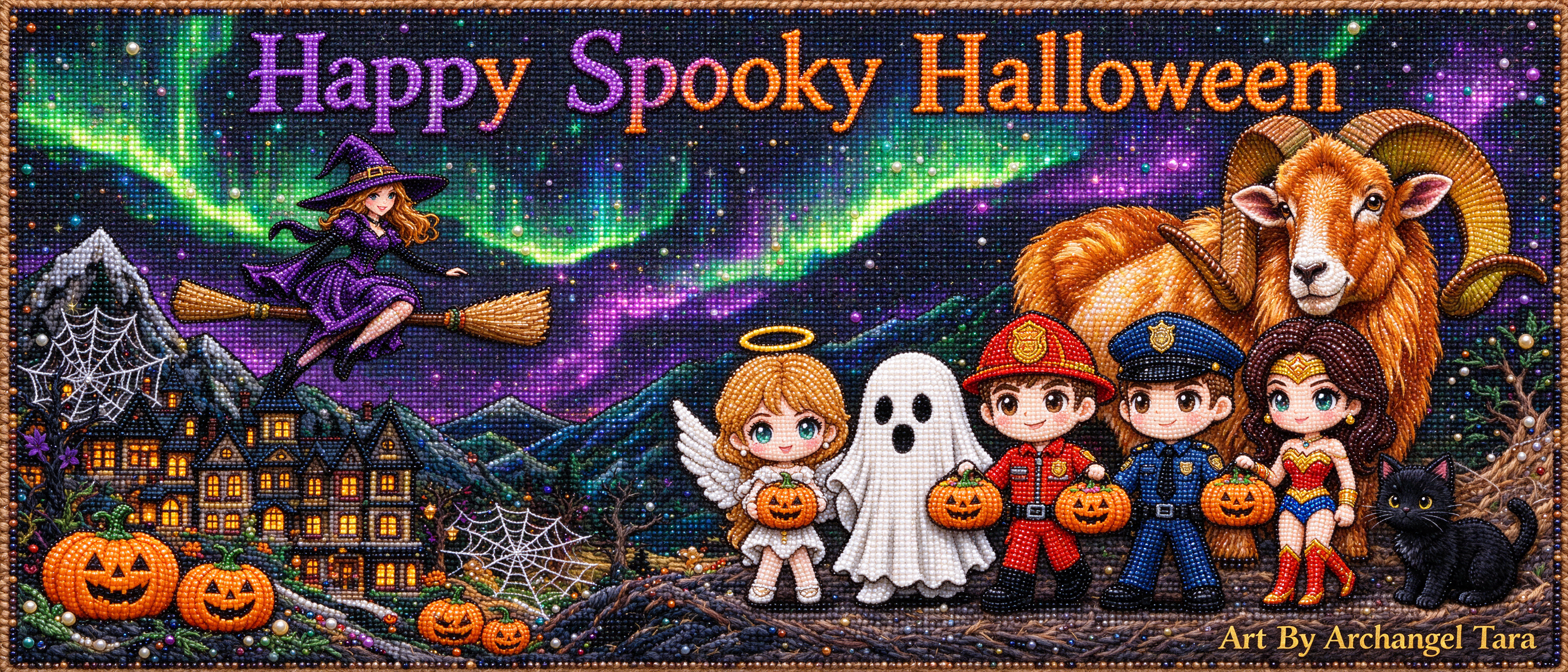 Sparkly diamond art Halloween graphic with costumed trick-or-treaters, flying witch, and "Happy Spooky Halloween" text over