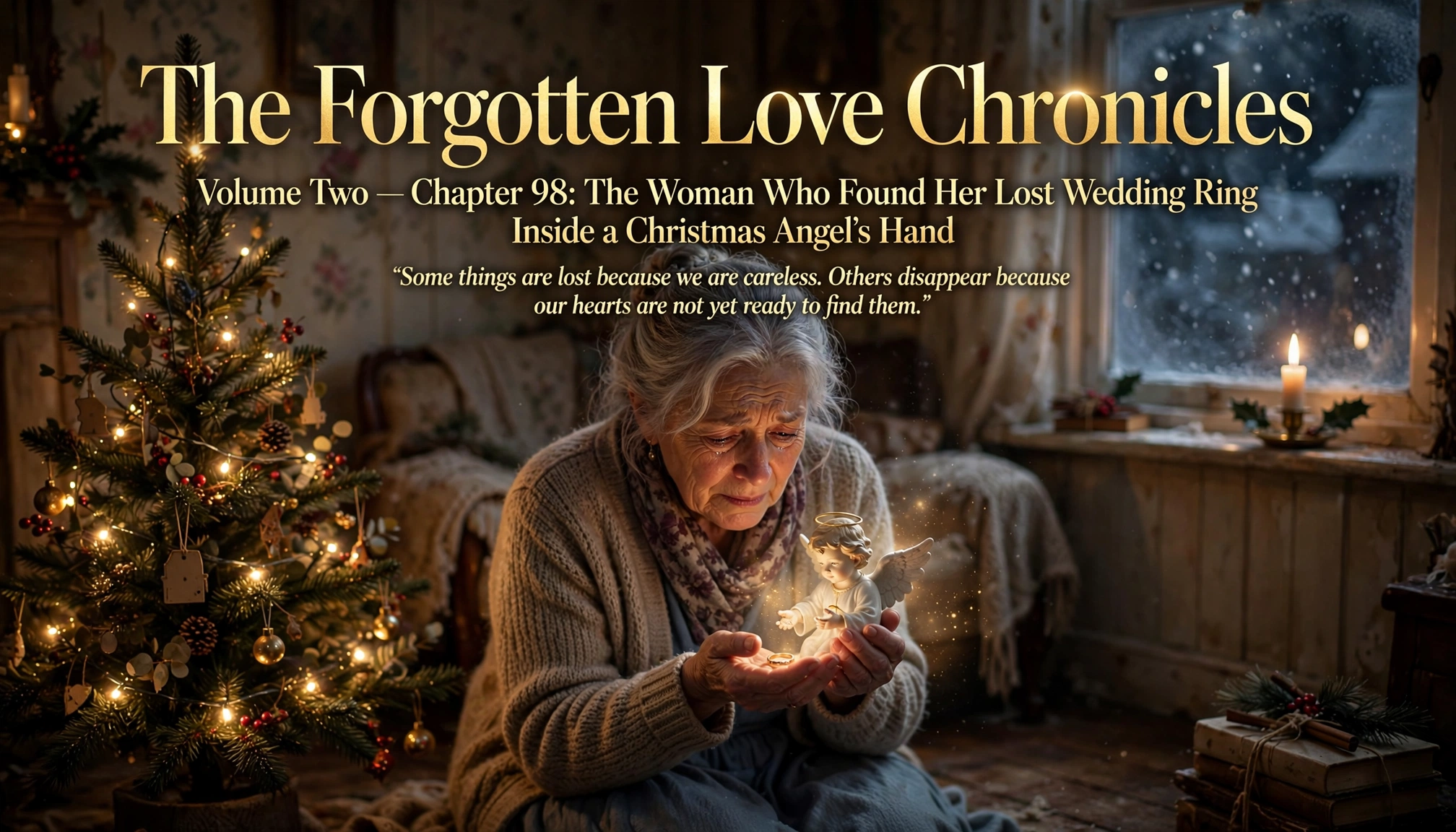 Elderly woman holds a glowing Christmas angel figurine in a cozy vintage snow-dusted cottage at Christmastime