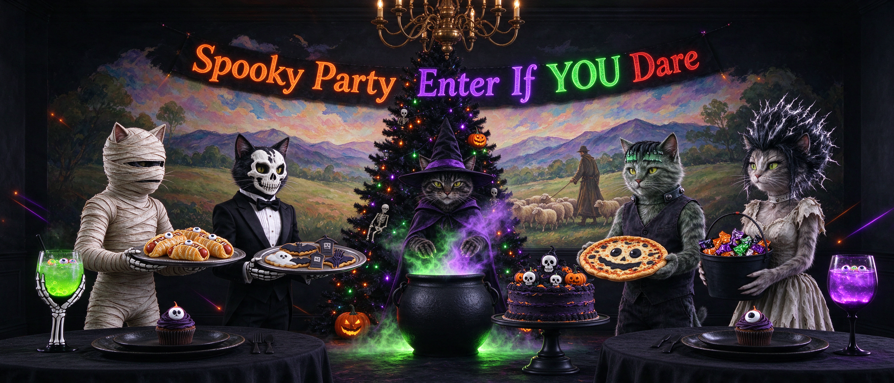 Anthropomorphic cats in Halloween costumes serve themed treats at a spooky festive party