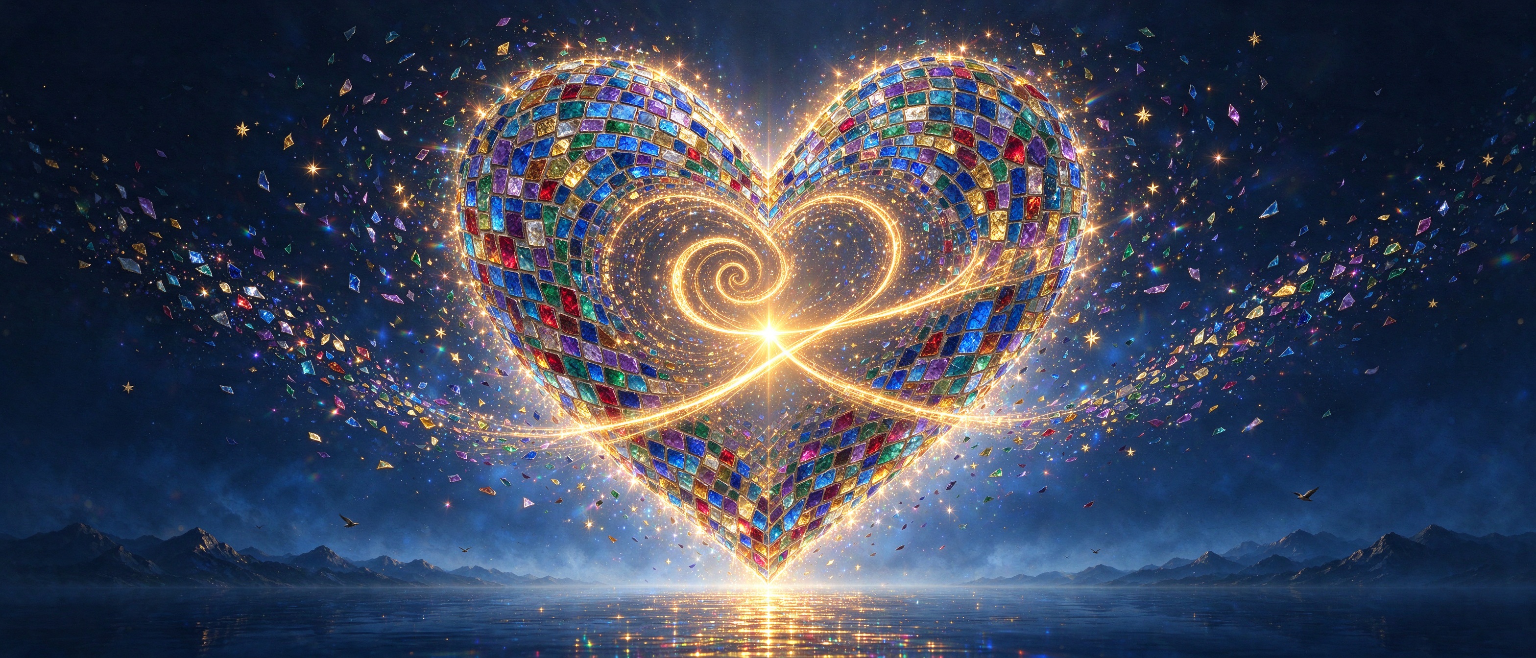 Glowing multicolor gem mosaic heart with golden infinity spiral floats above calm night waters