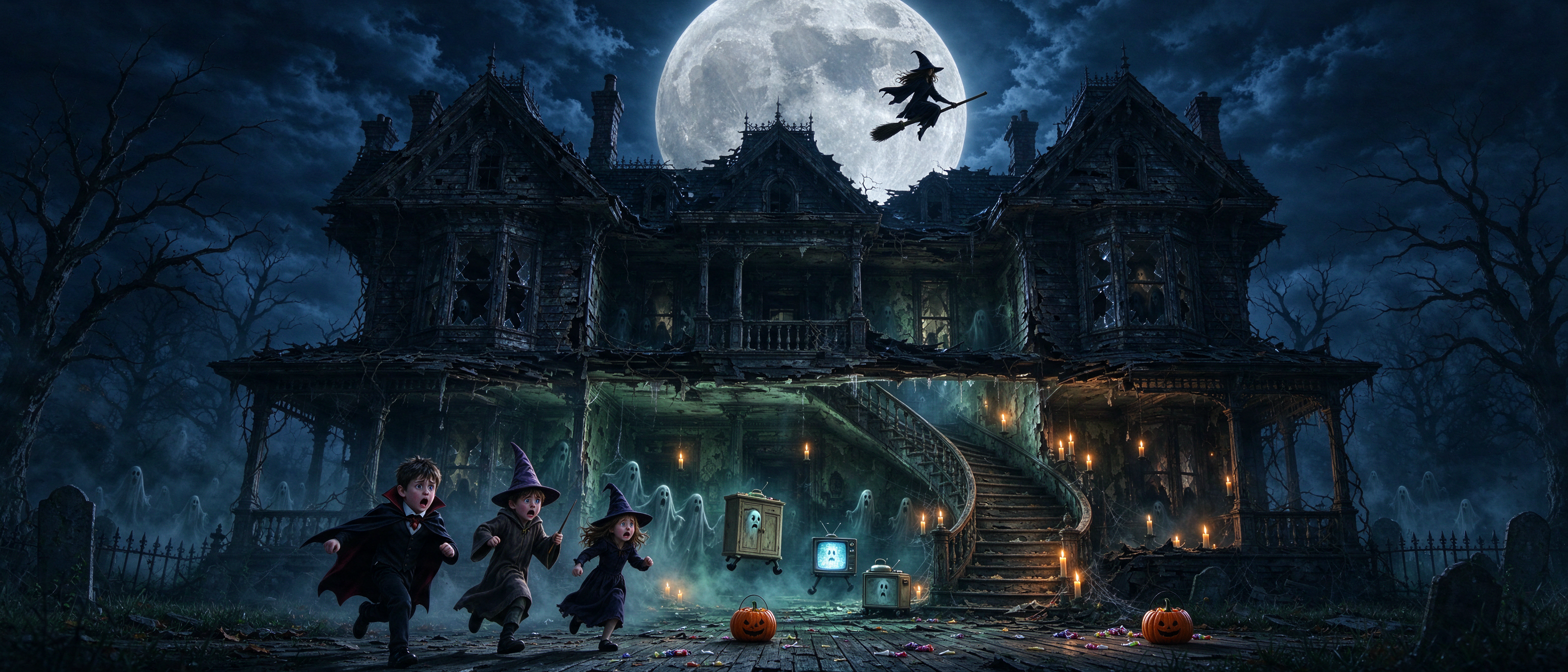 Costumed Halloween trick-or-treaters run from a spooky haunted house under a bright full moon