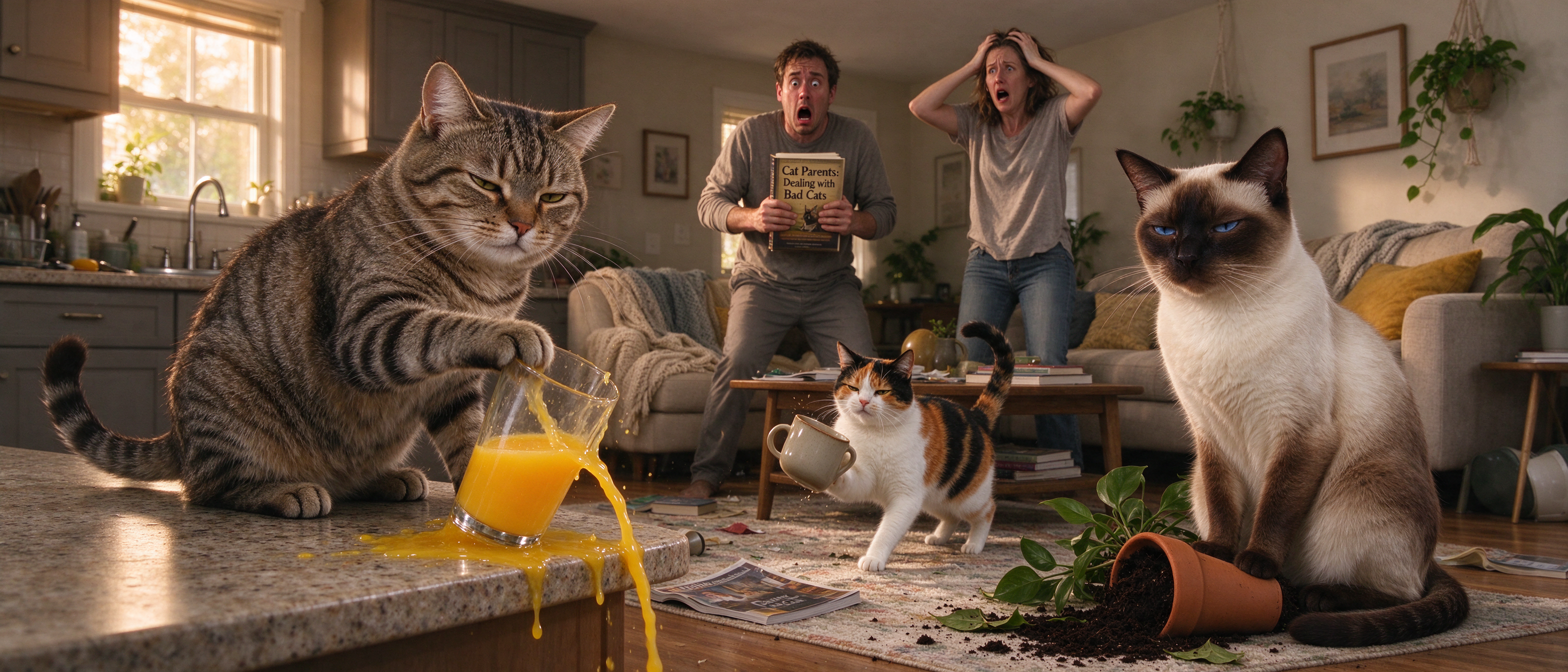 Giant mischievous cats make a mess of a cozy open plan home as shocked human owners react in horror