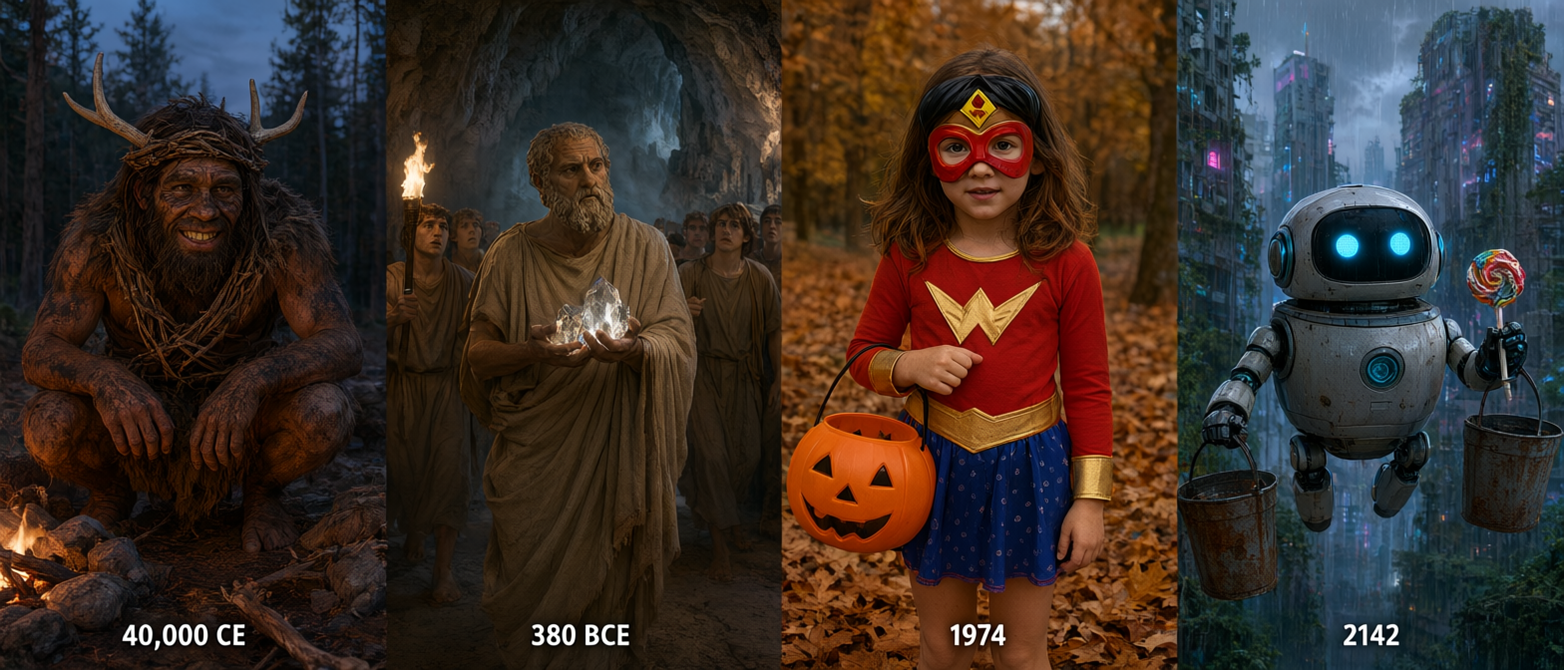 Four panel visual timeline depicting different eras of human existence from prehistory to a futuristic sci-fi era