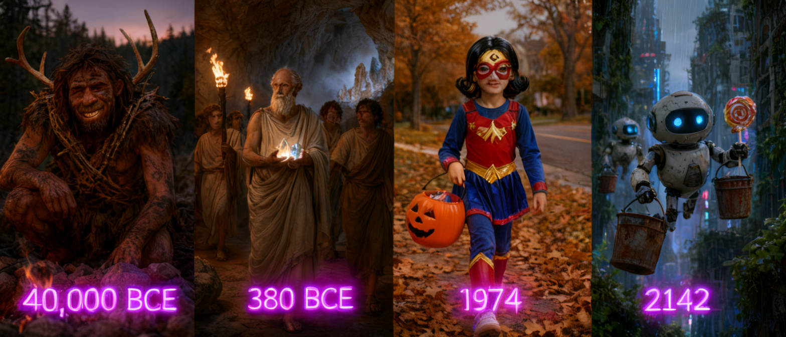 Four panel timeline showing trick-or-treating across four eras from prehistory to 2142 futuristic cyberpunk