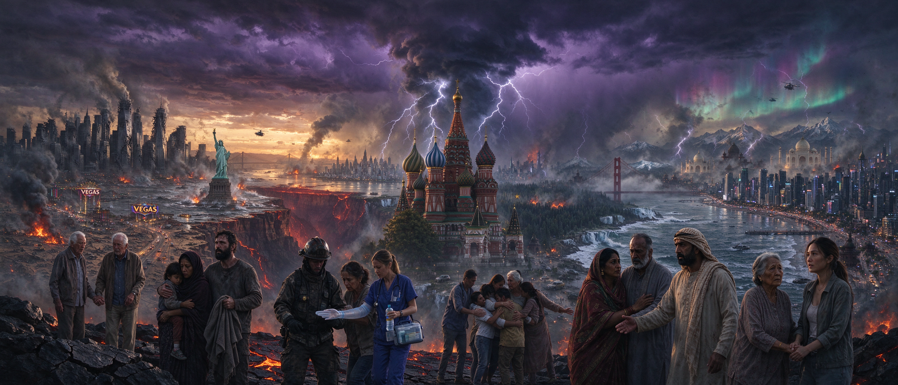 Diverse survivor groups stand on lava-strewn ground before burning global landmarks under a stormy apocalyptic sky
