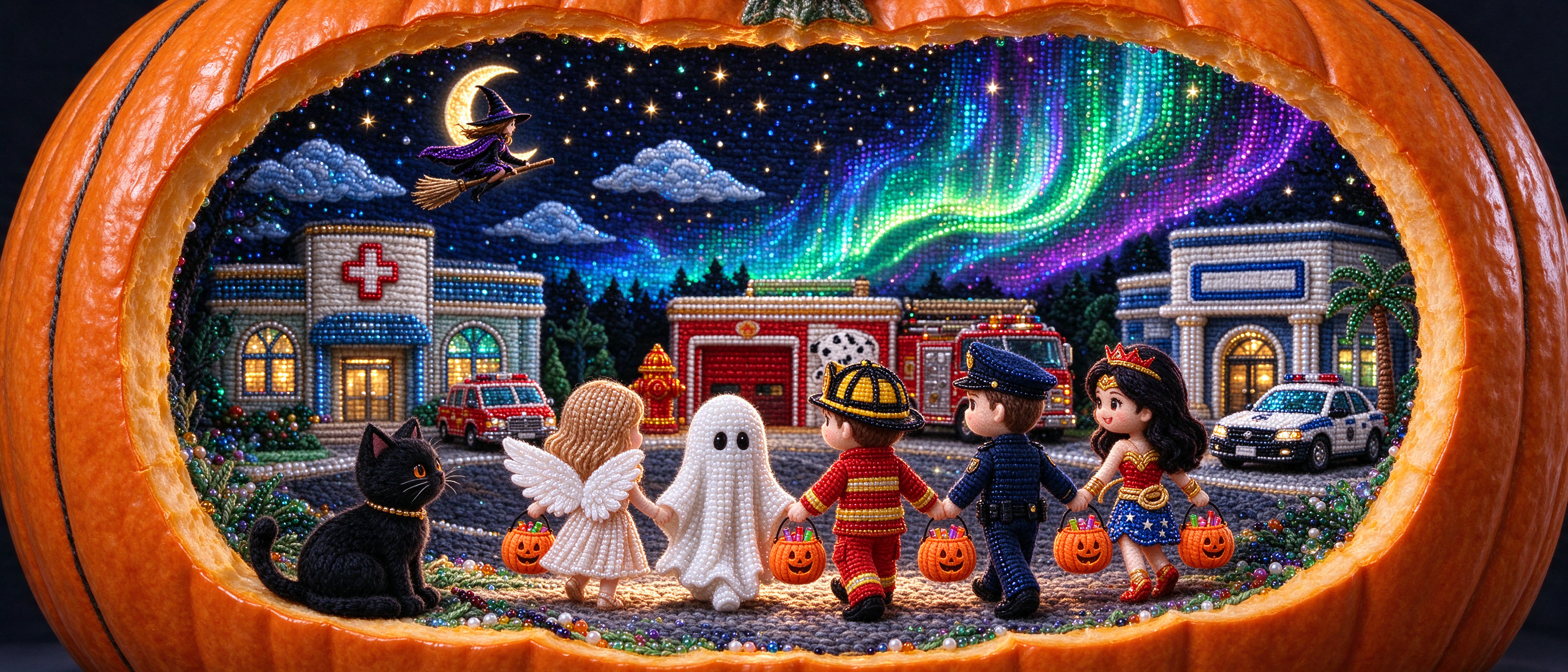 Carved pumpkin diorama depicting costumed trick-or-treaters in a whimsical Halloween town under a starry aurora night sky
