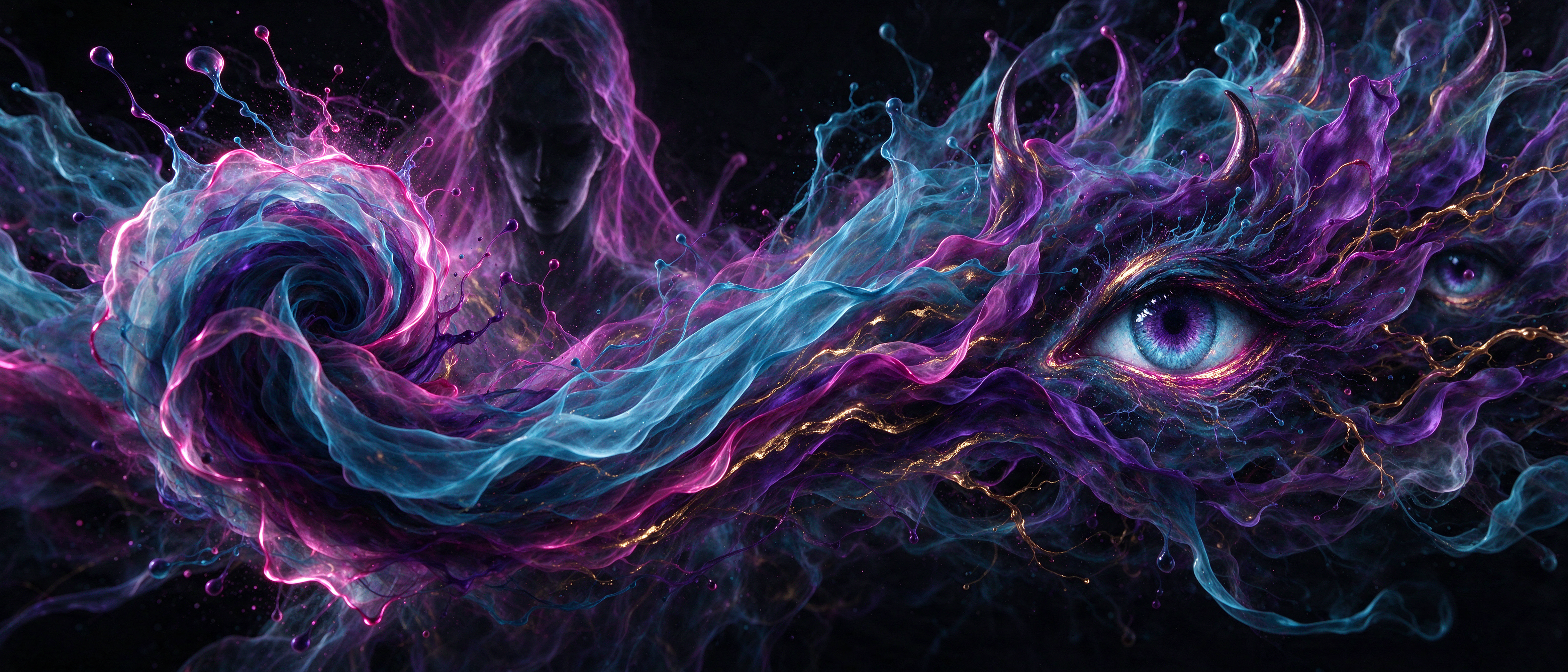 Swirling neon ink vortex with glowing mystical eyes and a faint hooded spirit silhouette against a dark black background