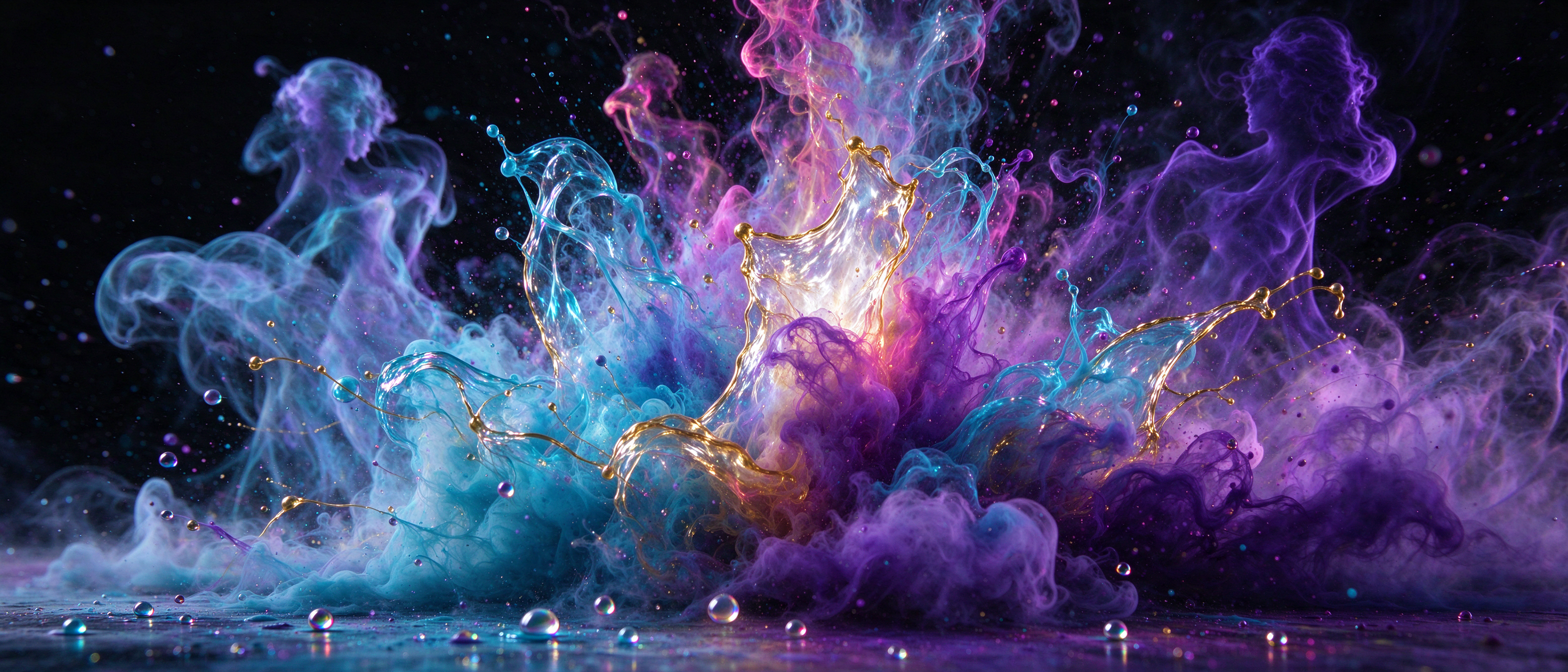 Swirling purple, blue, and gold ink splash forms ethereal wispy silhouettes against a dark glossy background