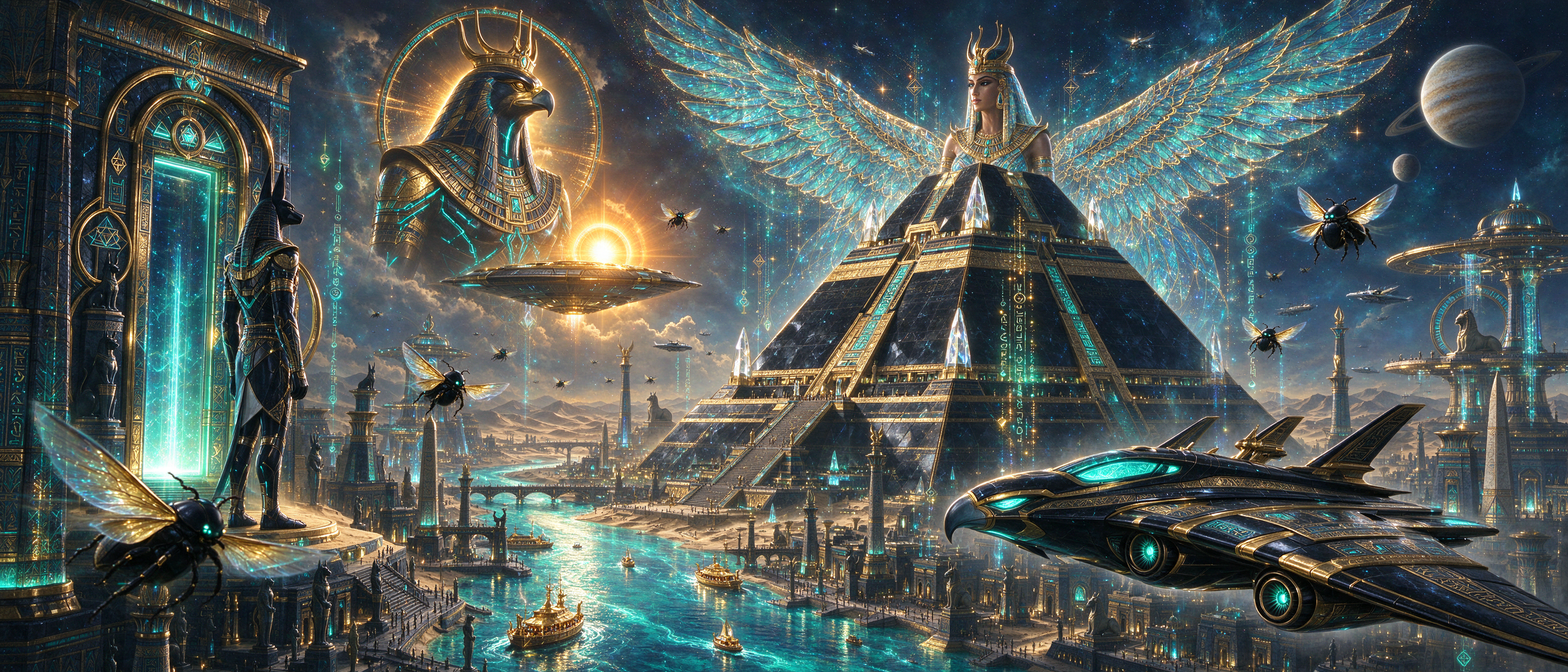 Futuristic sci-fi ancient Egyptian metropolis with glowing pyramids, deities, and flying craft under a cosmic starry sky