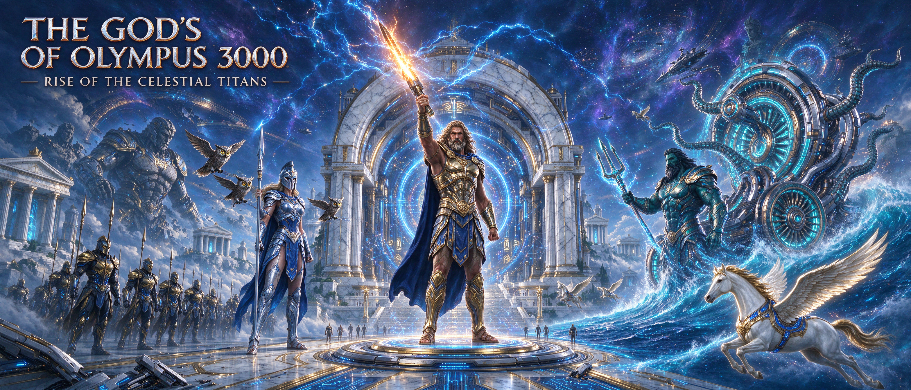 Futuristic reimagined Greek Olympus gods led by Zeus stand before a glowing celestial portal above the clouds