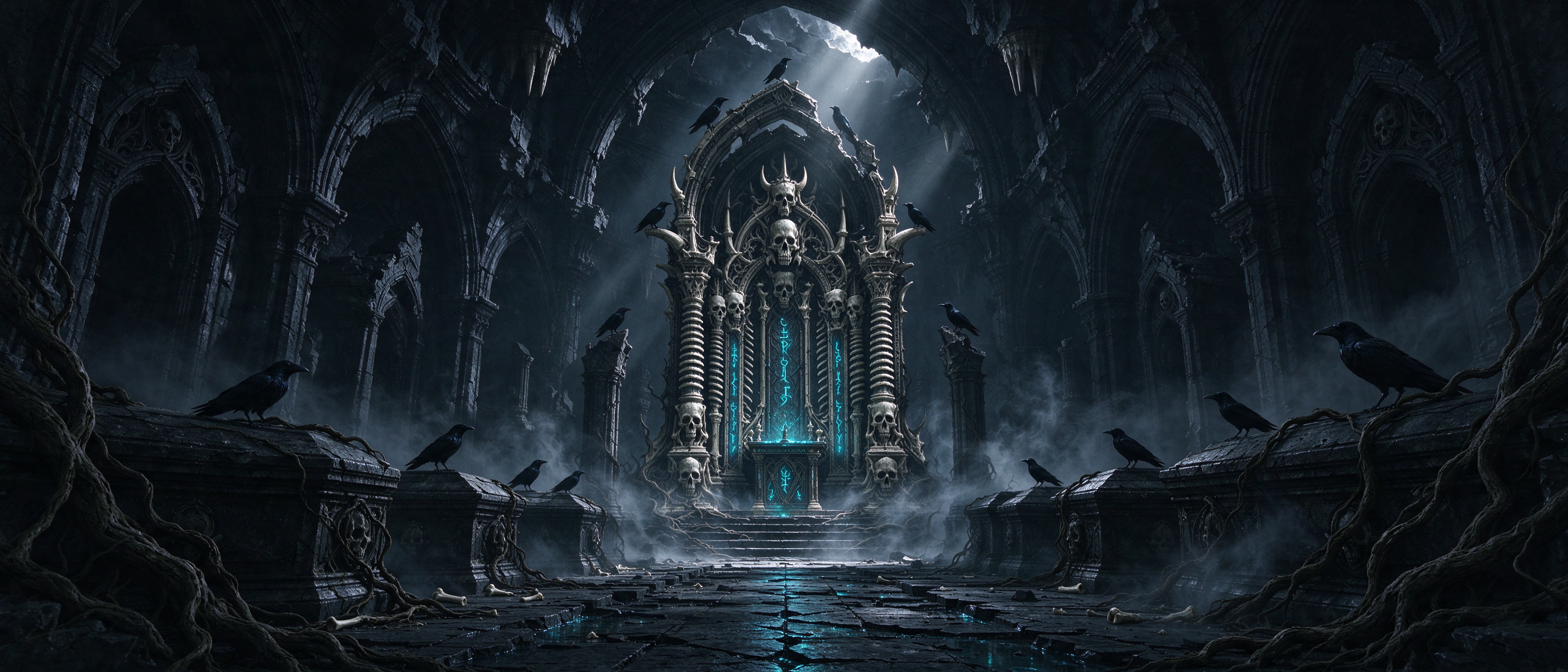 Ornate bone throne sits in a misty ruined gothic crypt surrounded by perched crows and ancient stone coffins