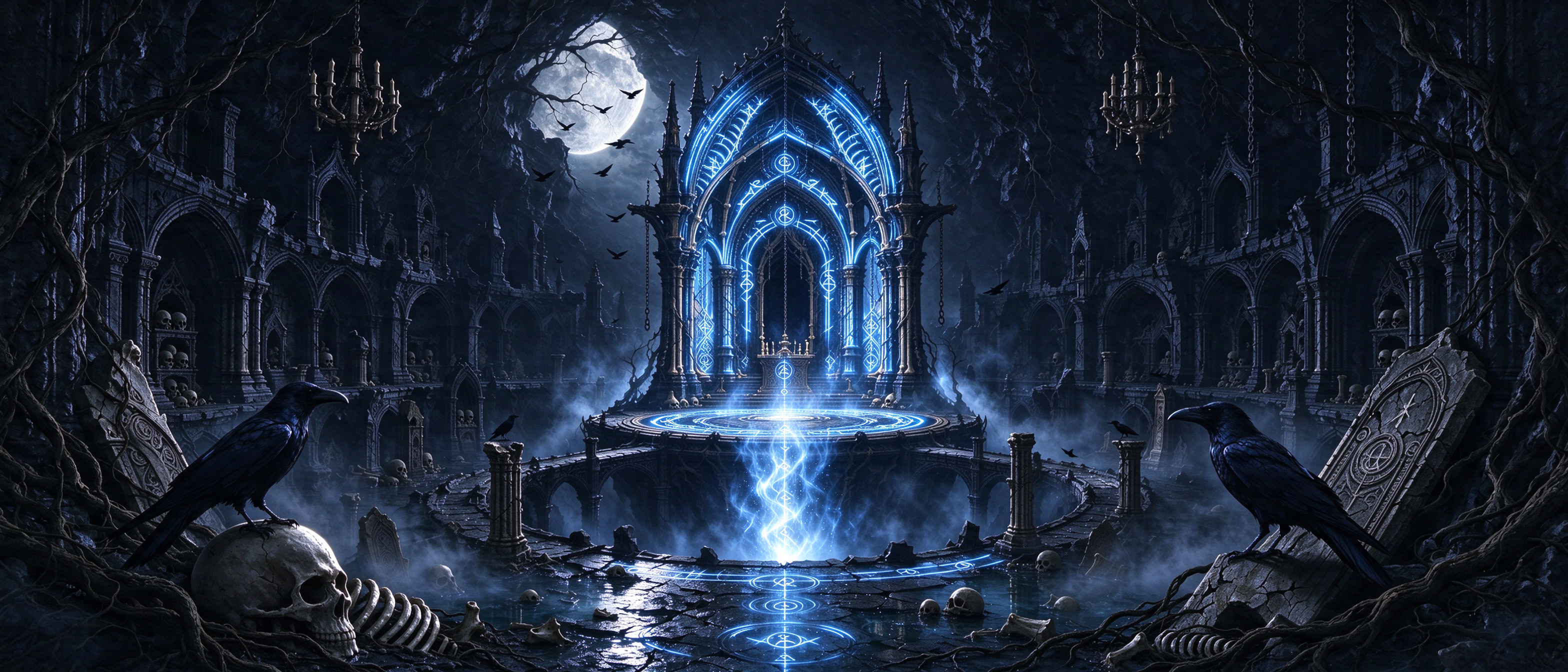 Glowing blue arcane ritual altar sits in a misty moonlit gothic crypt flanked by ravens, skulls, and weathered tombstones