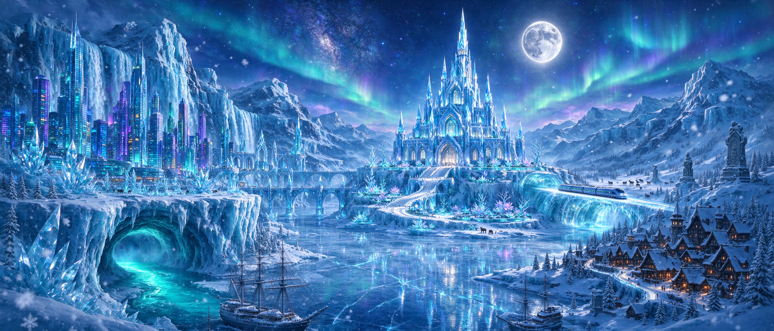 Glowing crystalline ice kingdom with fairy tale castle, northern lights, and full moon over snowy mountain landscape