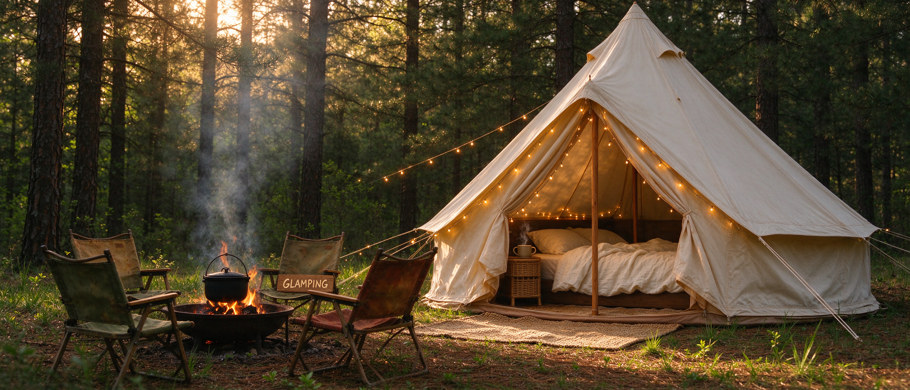 Luxury canvas glamping bell tent beside a crackling campfire in a sunlit pine forest at golden hour