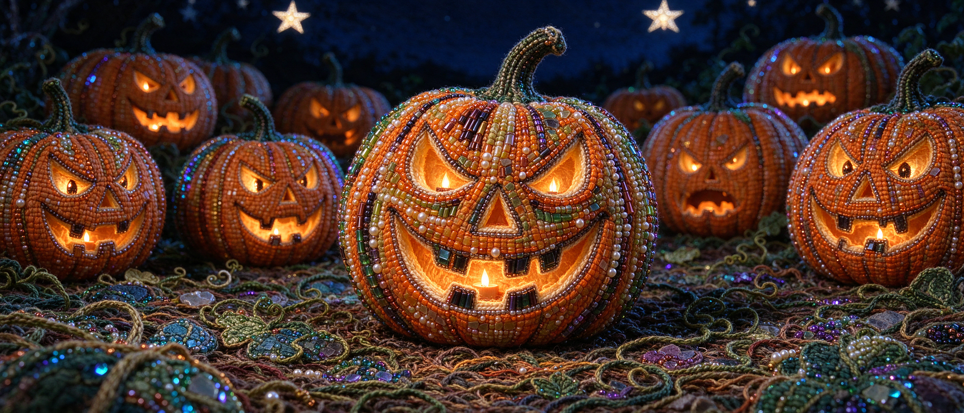 Ornate beaded carved jack-o-lanterns glow with candlelight under a starry dark Halloween night sky