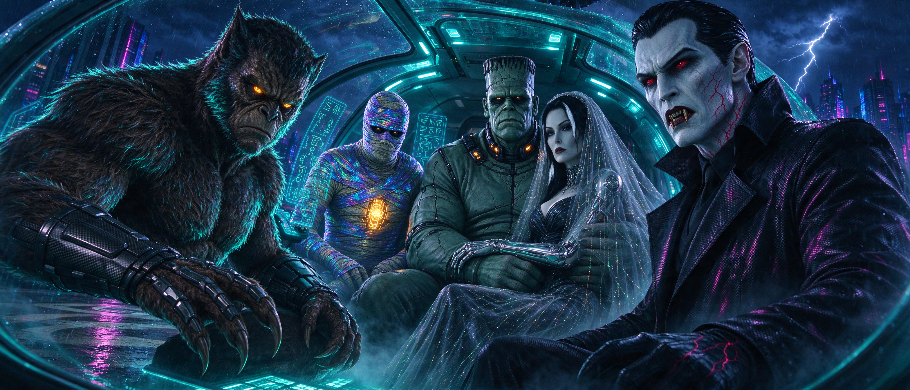 Cyberpunk reimagined classic horror monsters seated inside a glowing futuristic flying vehicle