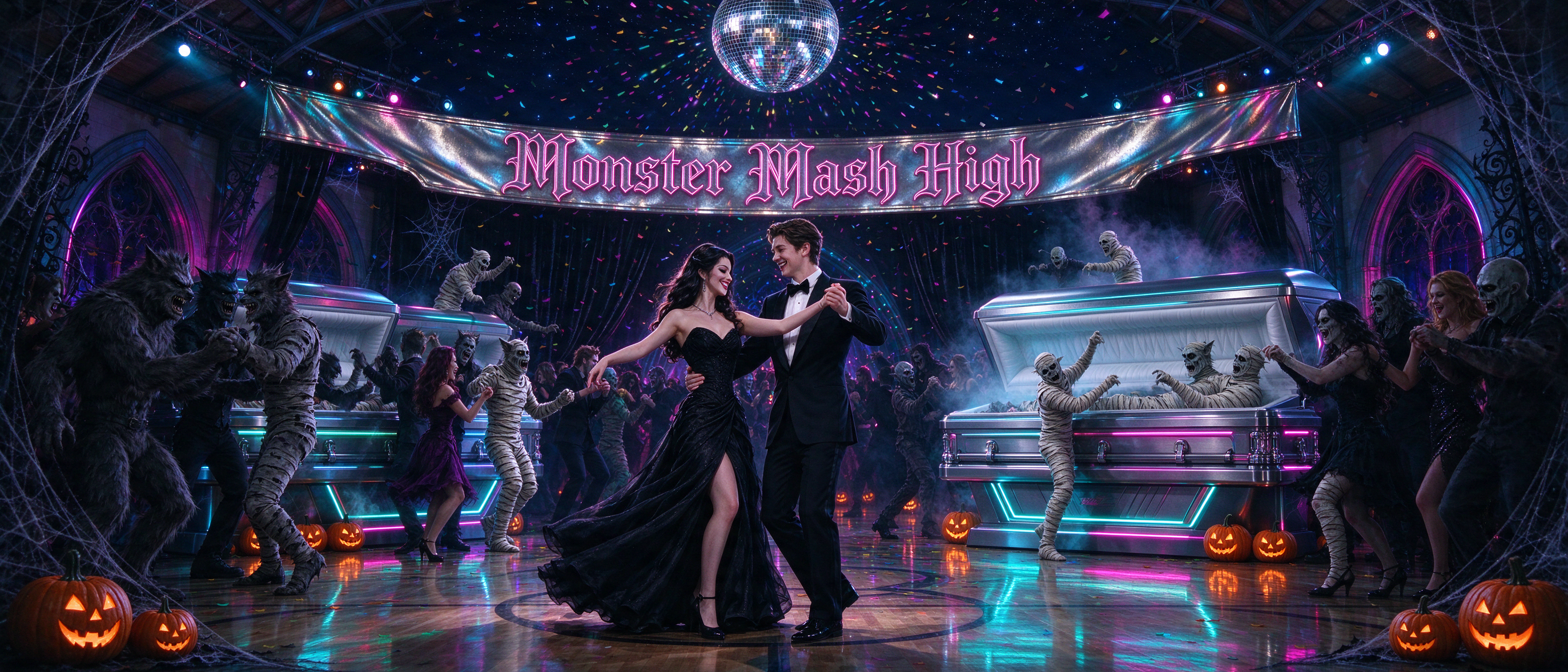 Couple waltzes at a neon Monster Mash High Halloween prom surrounded by dancing mummies, werewolves, and jack-o-lanterns