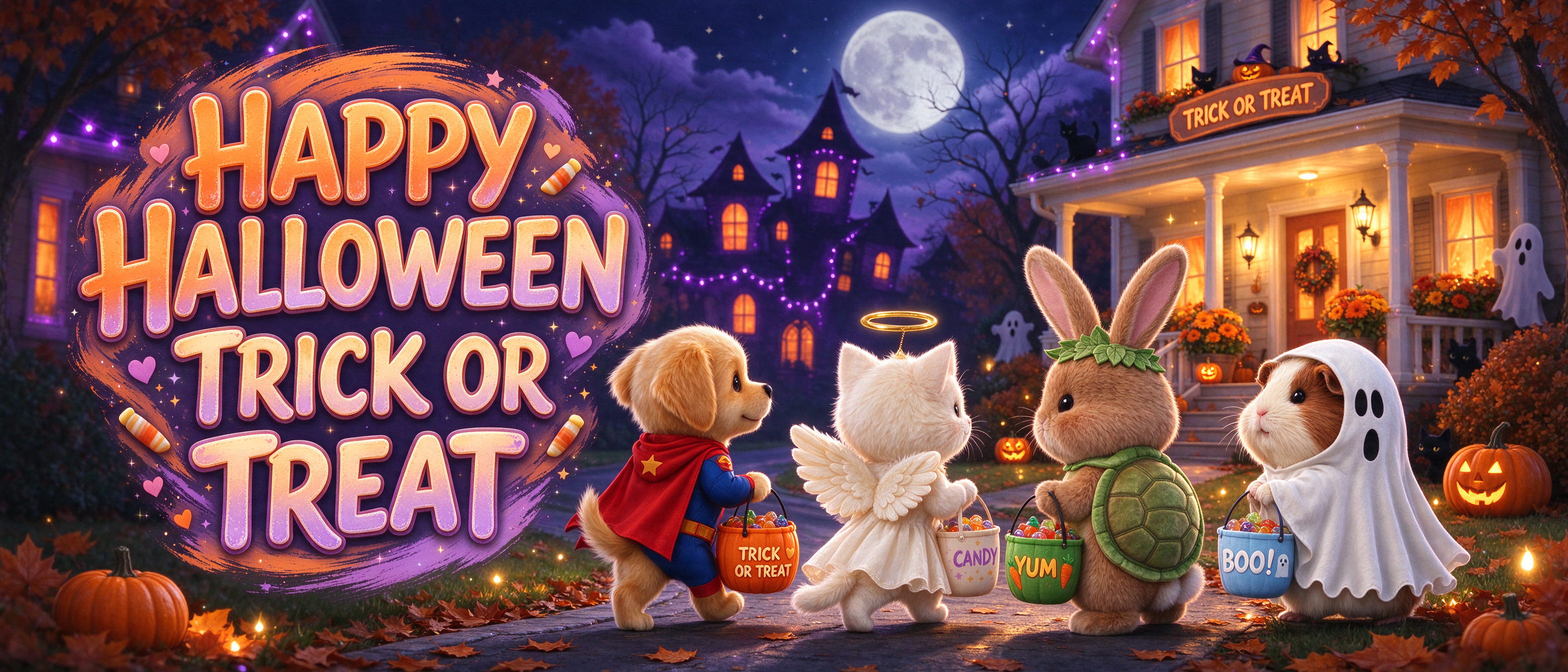 Costumed cute pets go trick or treating on a cozy Halloween neighborhood street under a glowing full moon