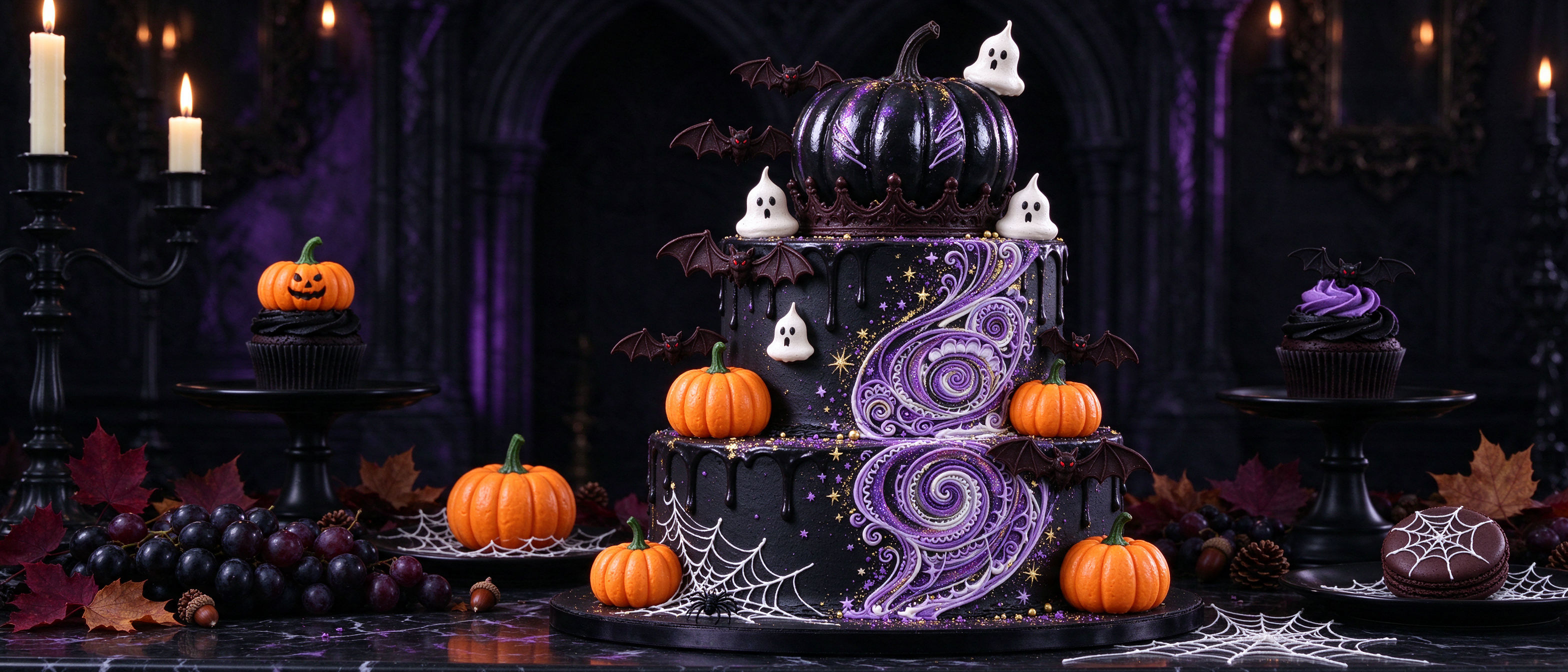 Ornate two-tier Halloween cake surrounded by spooky themed desserts on a candlelit gothic table
