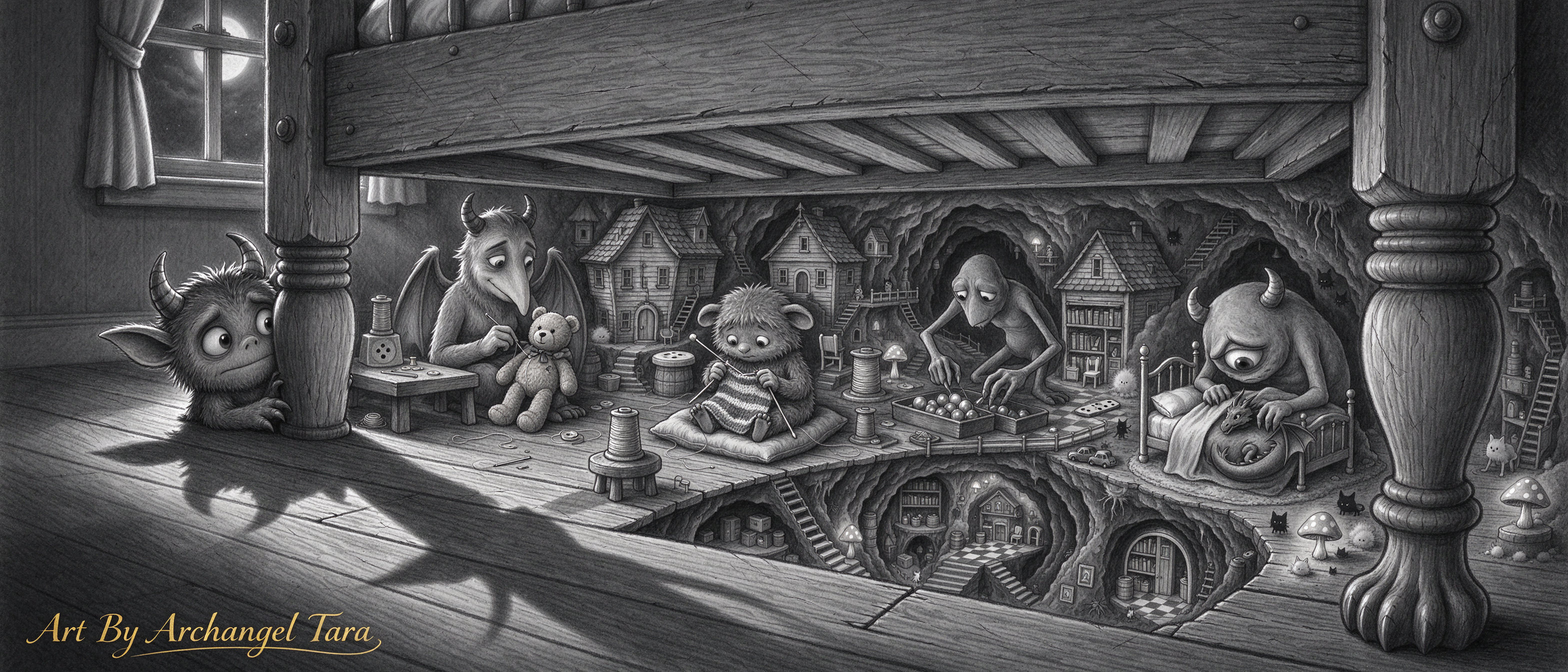 Whimsical gentle monster community living in a tiny hidden village built beneath a child's bed