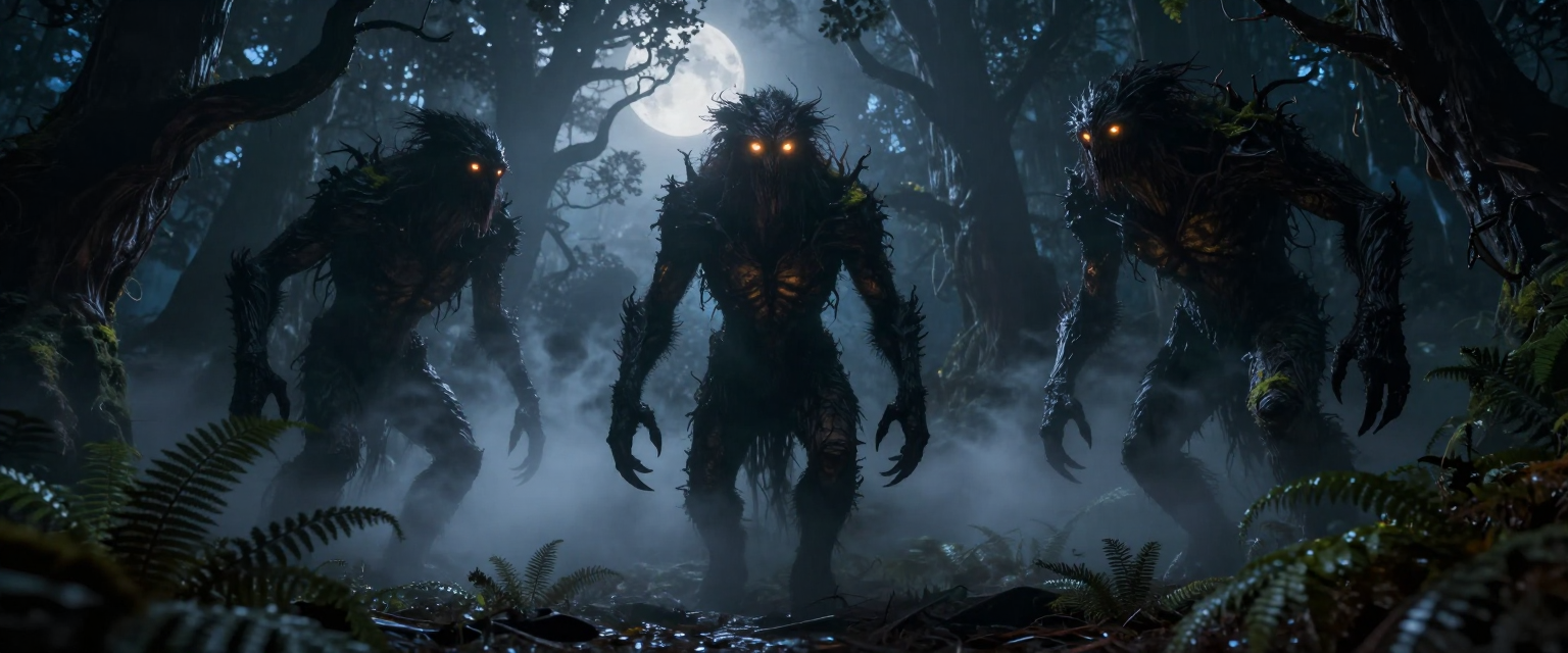 Three bark-covered forest monsters with glowing eyes stand in a misty moonlit old growth forest