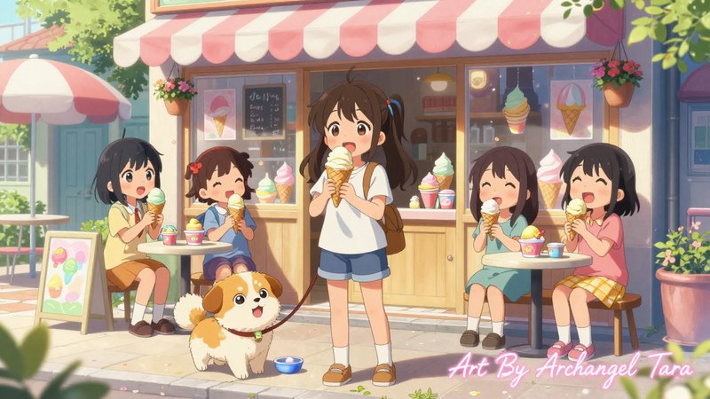 Cute anime scene of five kids eating ice cream outside a pastel ice cream shop with a small dog on a leash.