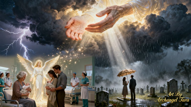 Divine hands reach from stormy clouds over a hospital maternity scene and a couple in a cemetery beneath rain.