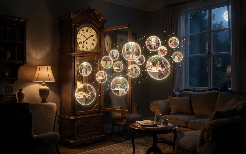 Cozy living room with antique grandfather clock and glowing photo bubbles floating between clock and window.