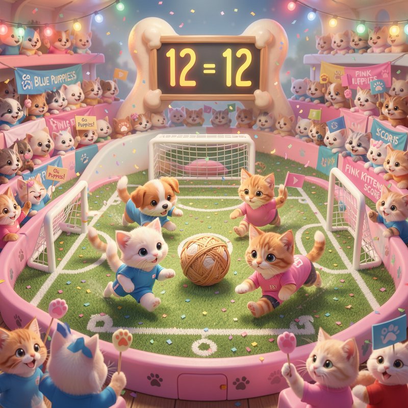 Cute kittens playing soccer in a pastel stadium with a 12=12 scoreboard and confetti.
