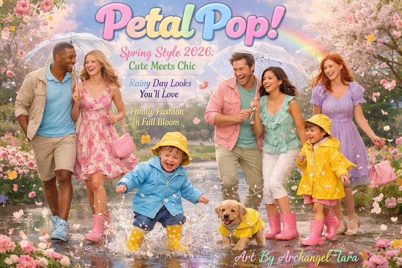 Colorful spring family portrait from Petal Pop! magazine with umbrellas, rain boots, and joyful kids.