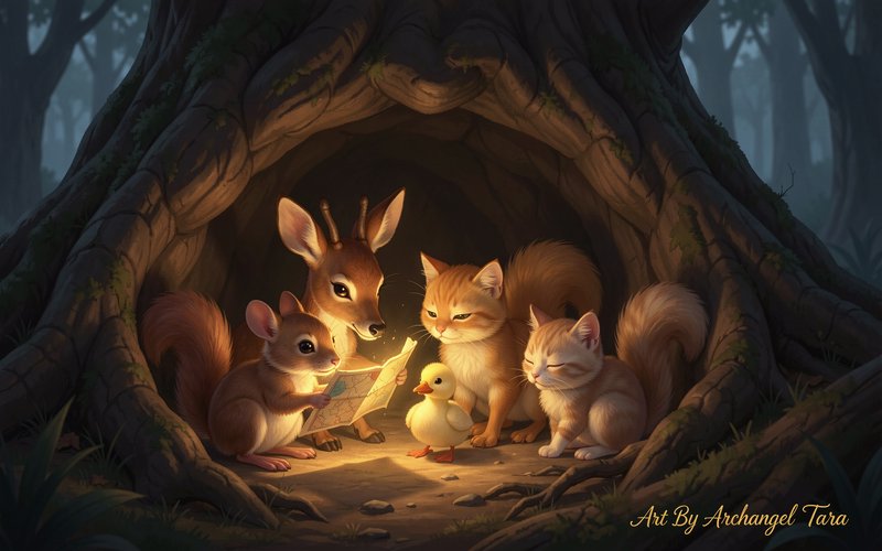 Family of woodland animals around a lit map inside a hollow tree, with a duckling at the center.