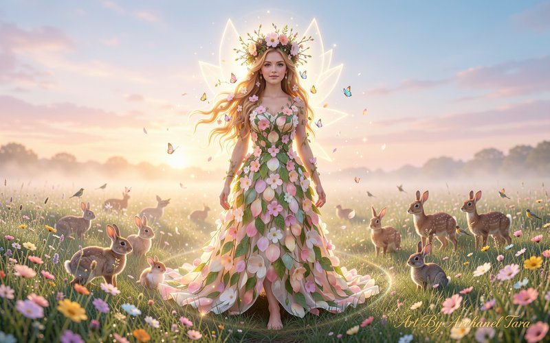 A fantasy woman in a petal dress with glowing wings in a flower field at sunrise.