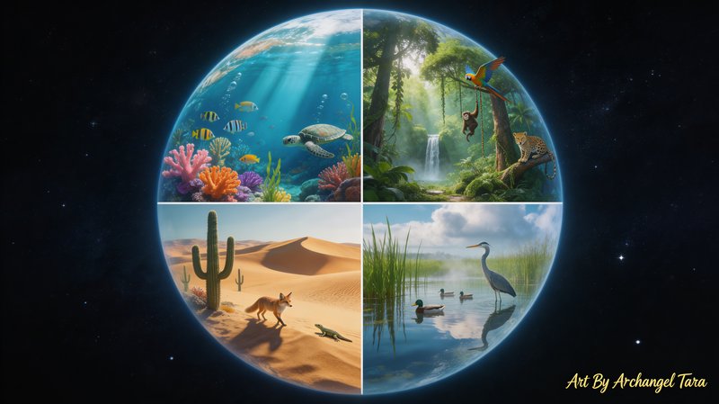 A segmented globe displaying four ecosystems: coral reef, rainforest, desert, and wetlands.