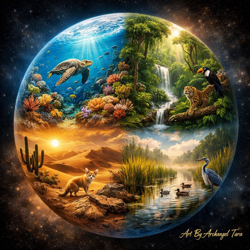 Earth-like glass globe showing a lush jungle, desert, and lake with wildlife.