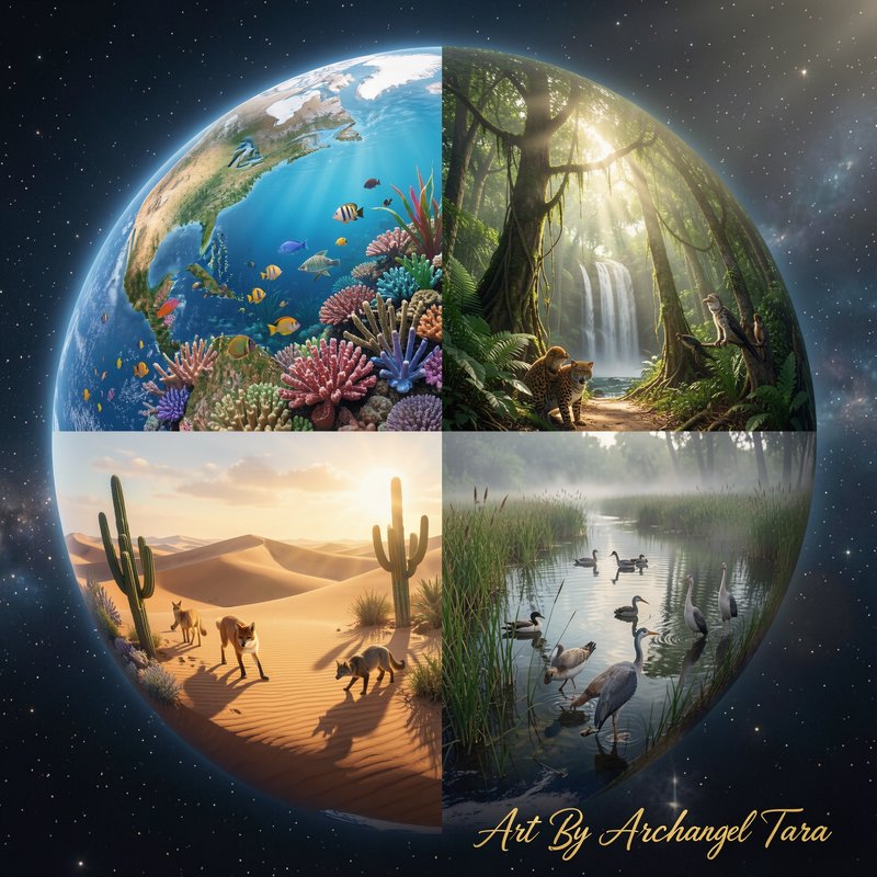 Planetary sphere with four biomes: coral reef, tropical rainforest, desert with cacti, and wetlands with birds.