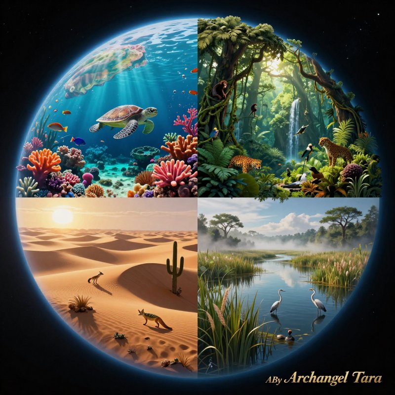 Quadruple panorama showing coral reef, tropical rainforest, desert dunes, and wetlands in one collage.