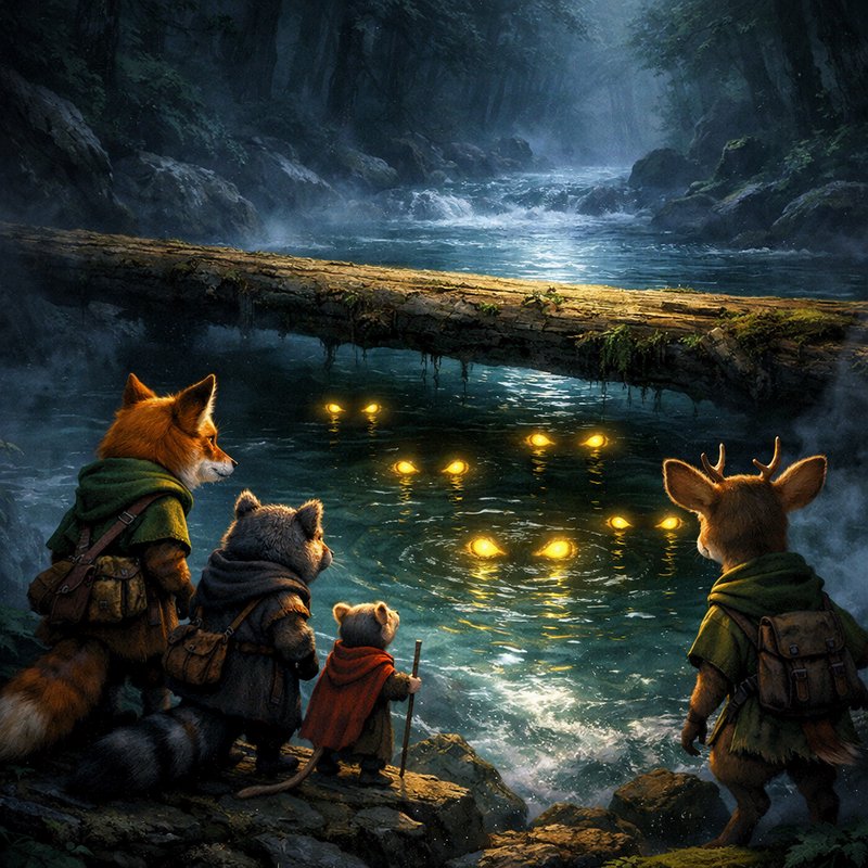 Fantasy forest scene with a fox, wolf, small creature, and a deer standing on rocks by a glowing river beneath a mossy