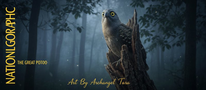 Owl perched on a jagged tree stump in a moody, misty forest.